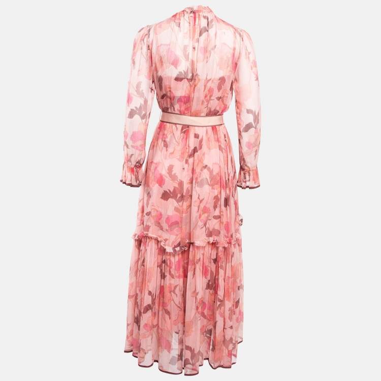 مملوكة مسبقًا Zimmermann Pink Floral Print Silk Chiffon Ruffled Midi Dress XS