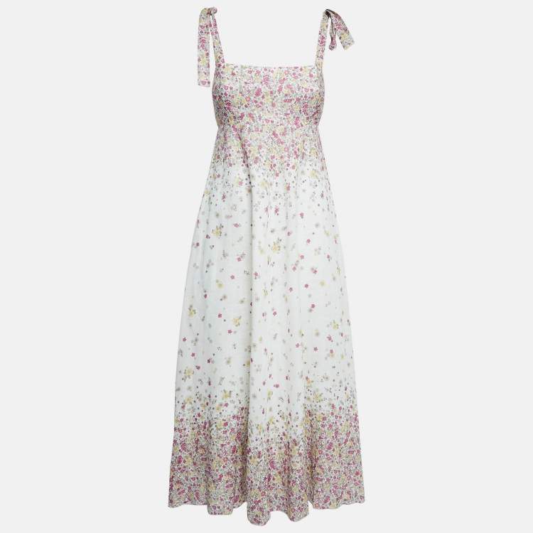 Pre Owned Zimmermann Cerise Ditsy White Carnaby Print Tie-Up Shoulder Midi Dress S