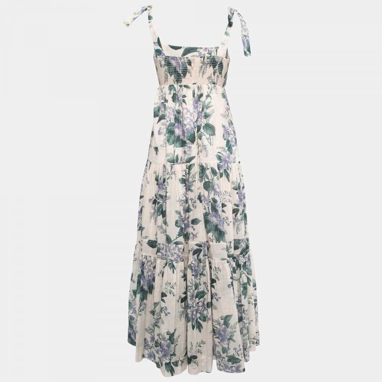 Pre Owned Zimmermann Pink/Blue Floral Print Cotton Tiered Midi Dress S
