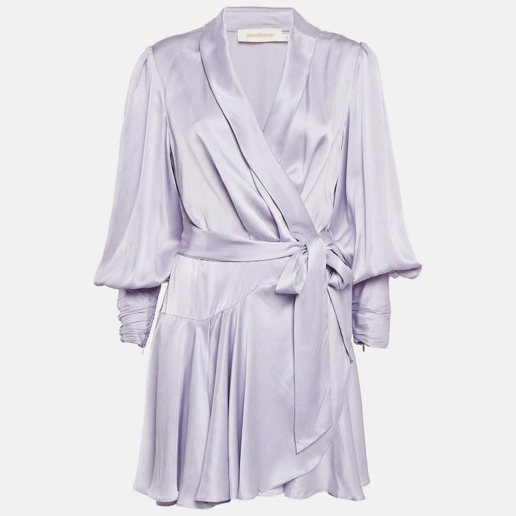 Pre Owned Zimmermann Light Purple Satin Silk Blouson Sleeve Mini Wrap Dress M