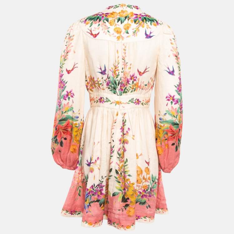 Pre Owned Zimmermann Pink Floral Print Linen Mini Dress M