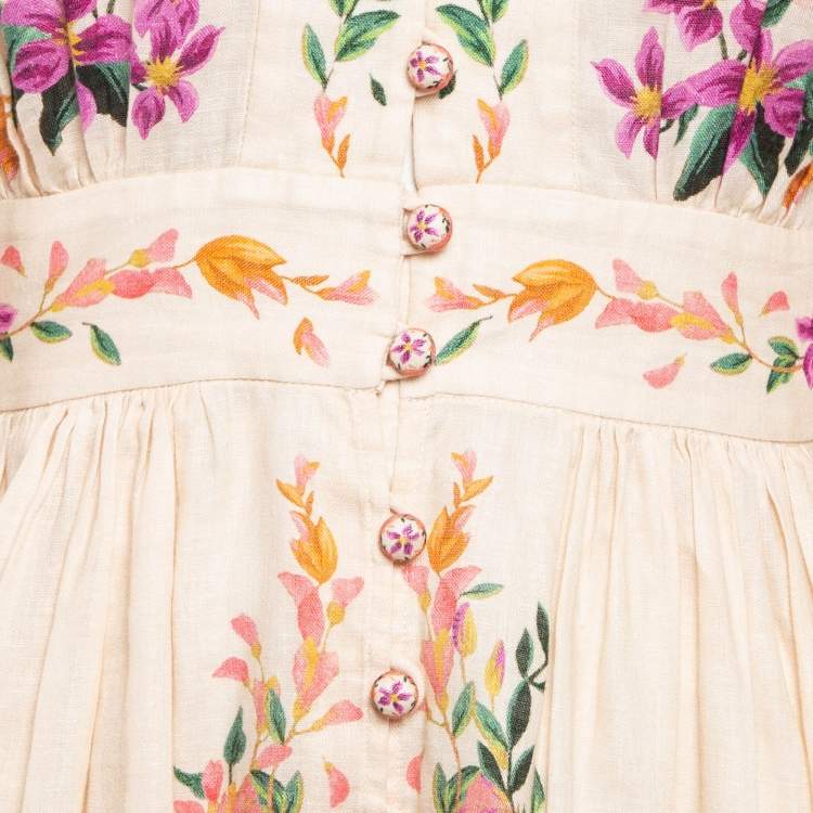 Pre Owned Zimmermann Pink Floral Print Linen Mini Dress M