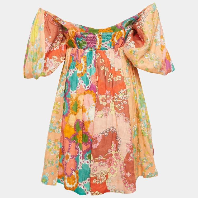 Pre Owned Zimmermann Orange/Multicolor Printed Off-Shoulder Mini Dress XS