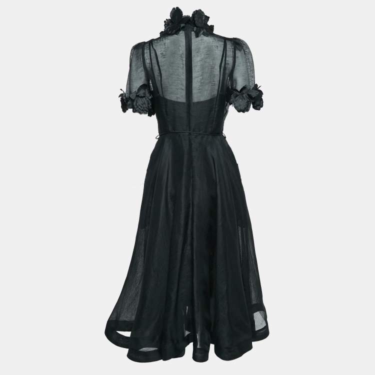 Pre Owned Zimmermann Black Flower Applique Linin Midi Dress M