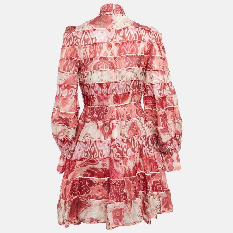 Pre Owned Zimmermann Pink Wavelength Paneled Print Linen Mini Dress M