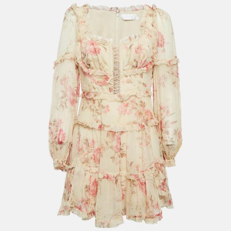 Pre Owned Zimmermann Yellow Floral Print Silk Corsair Corset Frill Mini Dress M