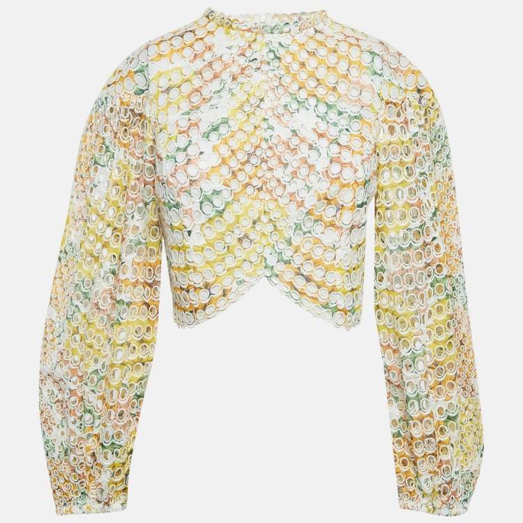 Pre Owned Zimmermann Multicolor Ramie Scallop Hem Puff Sleeve Blouse S