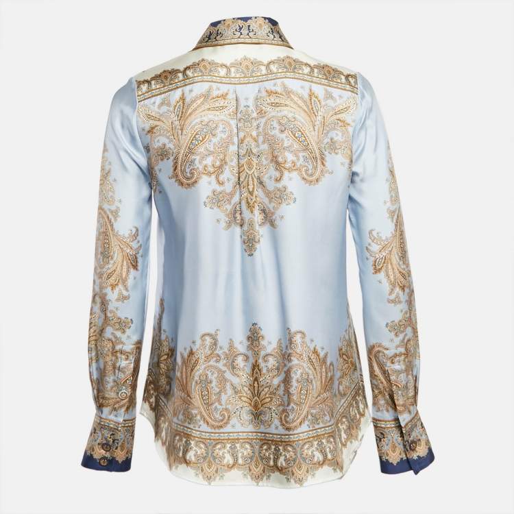 Pre Owned Zimmermann Blue Luminous Paisley Print Silk Neck Tie-Up Shirt S