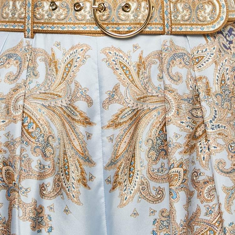 Pre Owned Zimmermann Blue Luminous Paisley Print Silk Belted Wide-Leg Pants S