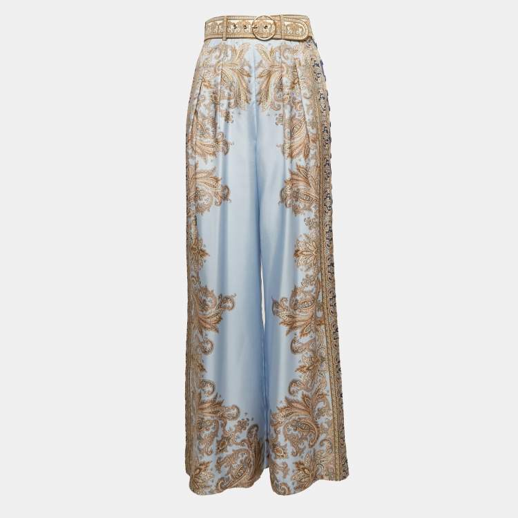 Pre Owned Zimmermann Blue Luminous Paisley Print Silk Belted Wide-Leg Pants S