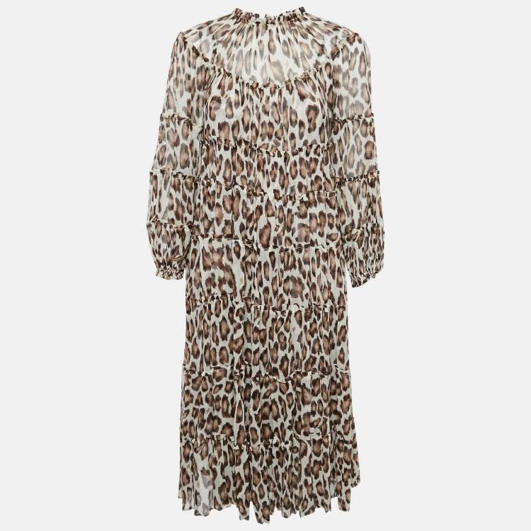 Pre Owned Zimmermann Brown Leopard Print Silk Chiffon Tiered Midi Dress M