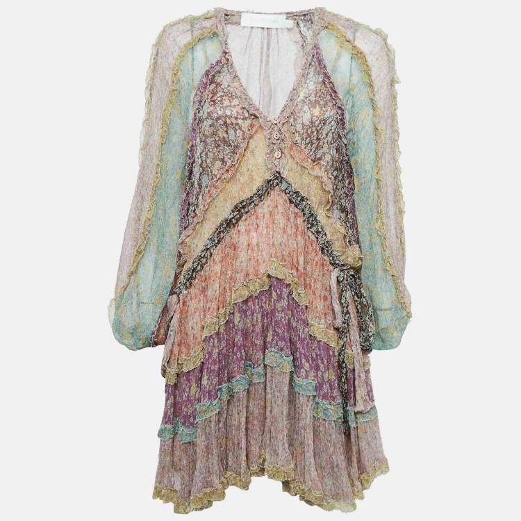 Pre Owned Zimmermann Multicolor Print Silk Tiered Mini Dress M