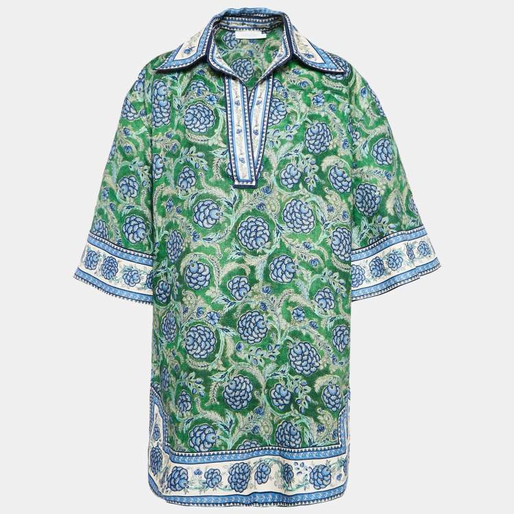 Pre Owned Zimmermann Green Junie Print Linen Tunic Dress XL