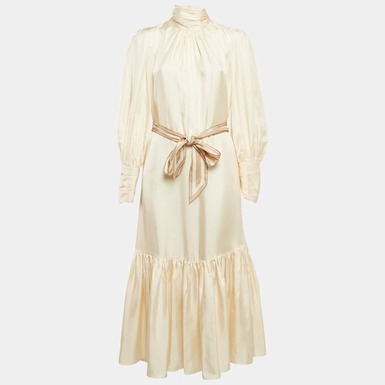 Pre Owned Zimmermann Cream Silk Puff Sleeves Gathered Midi Dress L
