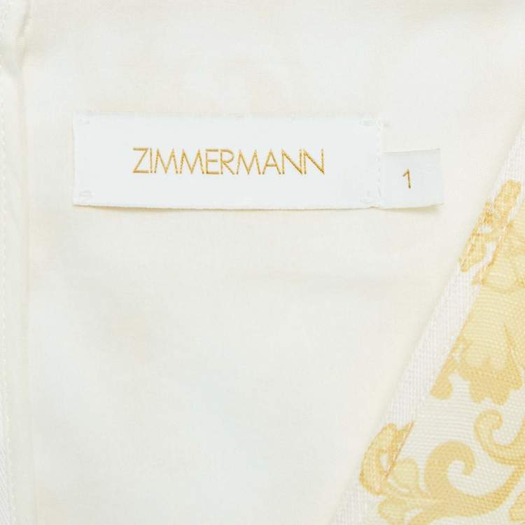 Pre Owned Zimmermann White Floral Linen and Silk Post-Card Pleated Sleeves Midi Dress S