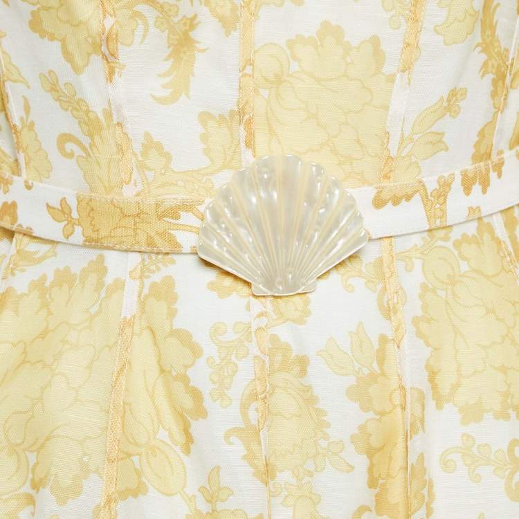 Pre Owned Zimmermann White Floral Linen and Silk Post-Card Pleated Sleeves Midi Dress S