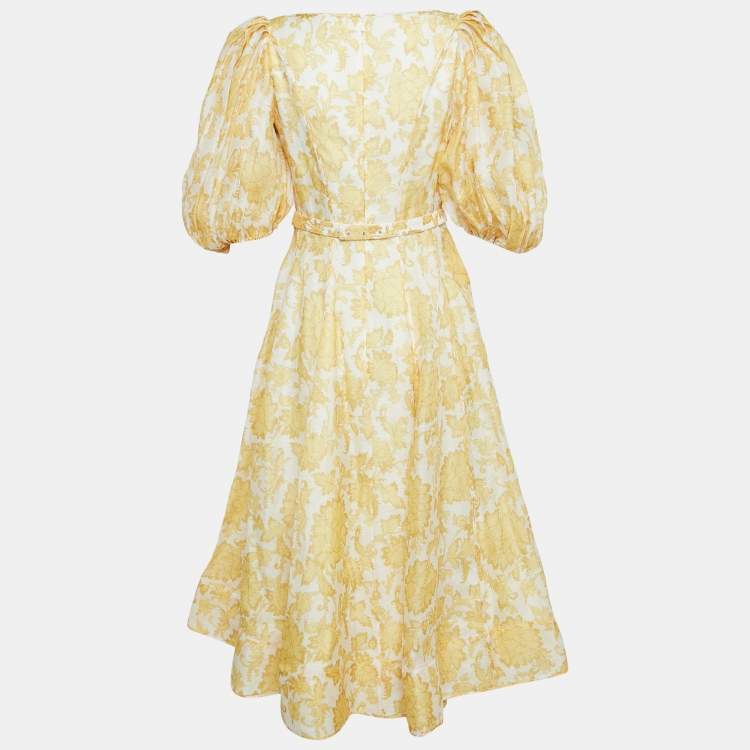 Pre Owned Zimmermann White Floral Linen and Silk Post-Card Pleated Sleeves Midi Dress S