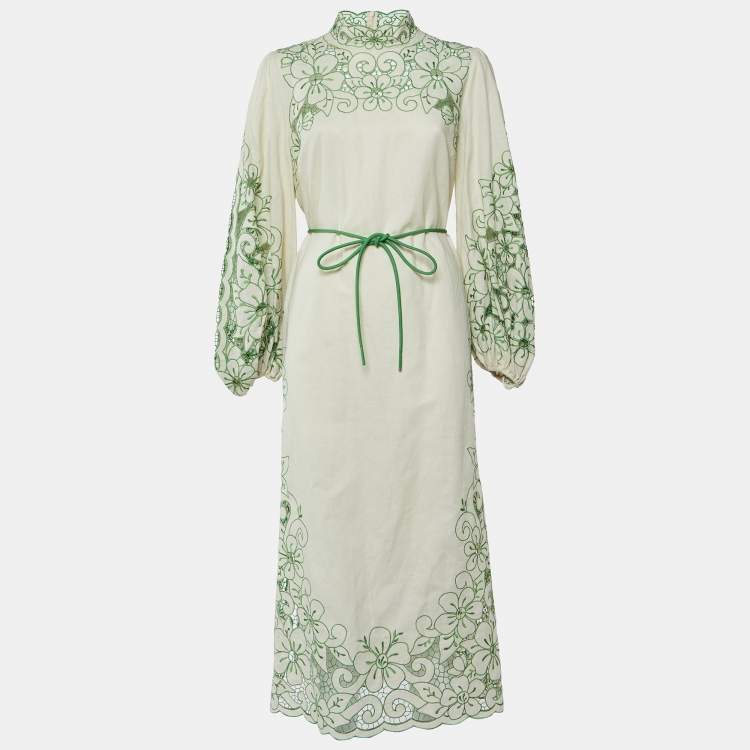 مملوكة مسبقًا Zimmermann Cream Teddy Floral Embroidered Linen & Cotton Midi Dress L