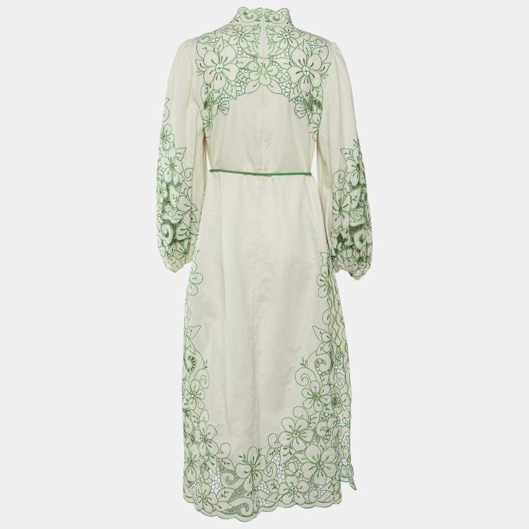 مملوكة مسبقًا Zimmermann Cream Teddy Floral Embroidered Linen & Cotton Midi Dress L
