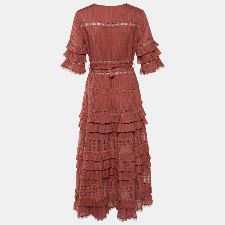 Pre Owned Zimmermann Pink Broderie Anglaise Cotton Corsair Tiered Dress L