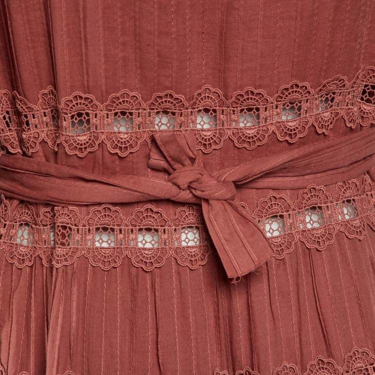 Pre Owned Zimmermann Pink Broderie Anglaise Cotton Corsair Tiered Dress L