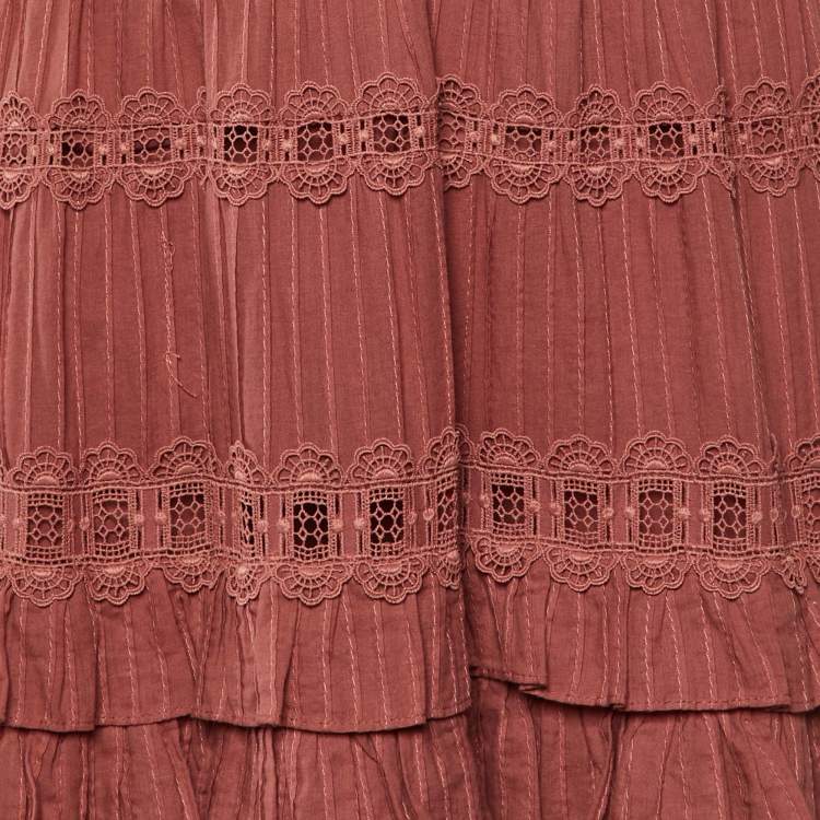 Pre Owned Zimmermann Pink Broderie Anglaise Cotton Corsair Tiered Dress L