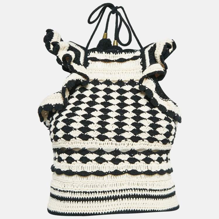 Pre Owned Zimmermann Beige/Black Crochet Knit Anneke Halter Neck Top S