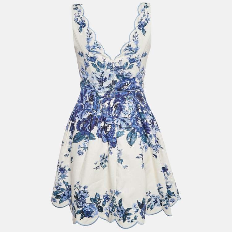 Pre Owned Zimmermann White Floral Print Scallop Detail Mini Dress XS