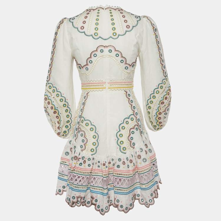 Pre Owned Zimmermann White Linen and Cotton Embroidered Mini Dress XS