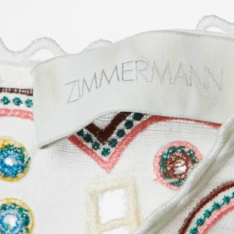 Pre Owned Zimmermann White Linen and Cotton Embroidered Mini Dress XS