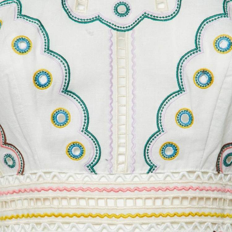 Pre Owned Zimmermann White Linen and Cotton Embroidered Mini Dress XS
