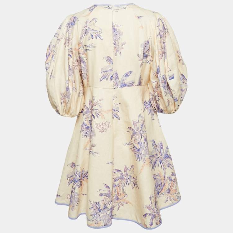 Pre Owned Zimmermann Cream Floral Print Linen Day Mini Dress L