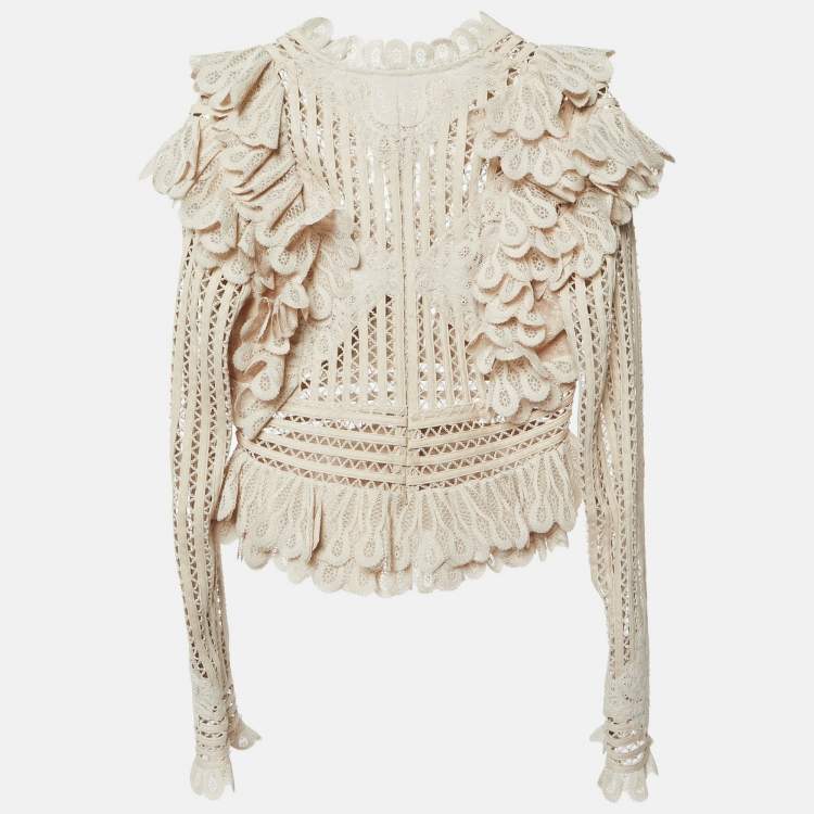 Pre Owned Zimmermann Beige Wool Blend Lace Ruffled V-Neck Top M