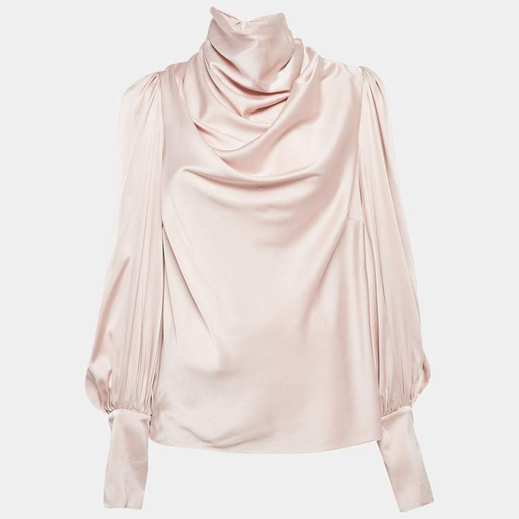 Pre Owned Zimmermann Pink Satin Silk High Cowl Neck Blouse M