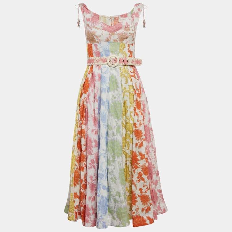 Pre Owned Zimmermann Multicolor Floral Print Linen Belted Midi Dress M