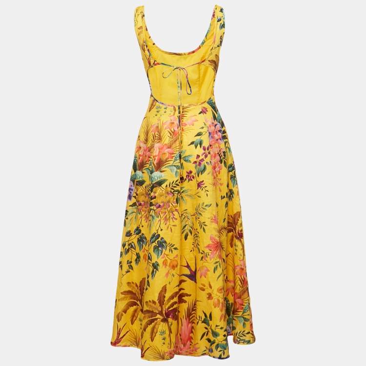 Pre Owned Zimmermann Yellow Floral Print Linen Tropicana Cut-Out Midi Dress XS