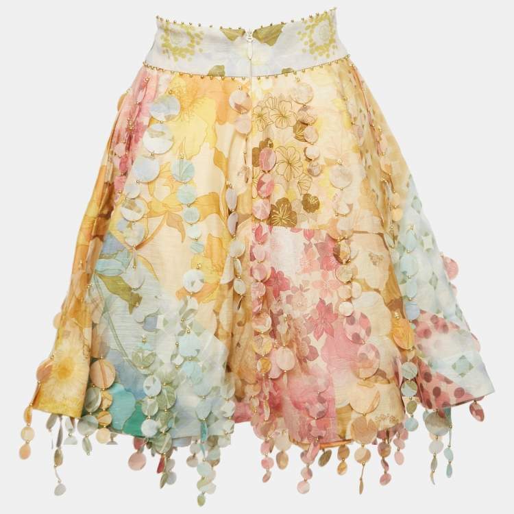 Pre Owned Zimmermann Multicolor Floral Print Linen Tempo Disc-Embellished Mini Skirt M