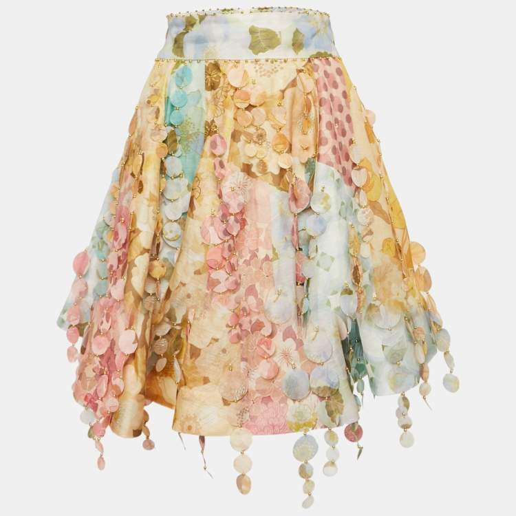 Pre Owned Zimmermann Multicolor Floral Print Linen Tempo Disc-Embellished Mini Skirt M