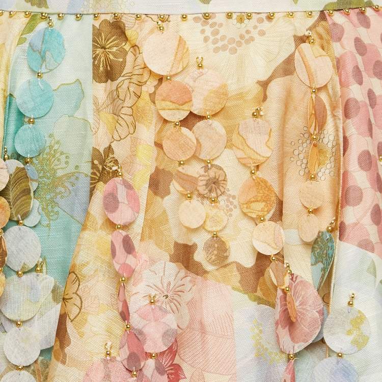Pre Owned Zimmermann Multicolor Floral Print Linen Tempo Disc-Embellished Mini Skirt M