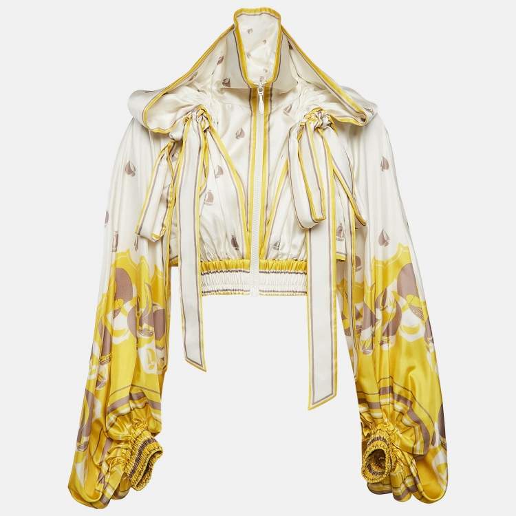 Pre Owned : Zimmermann White/Yellow High Tide Sailboats Print Silk Crop Jacket S