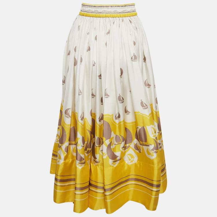 Pre Owned  Zimmermann White/Yellow High Tide Sailboats Print Silk Midi Skirt S