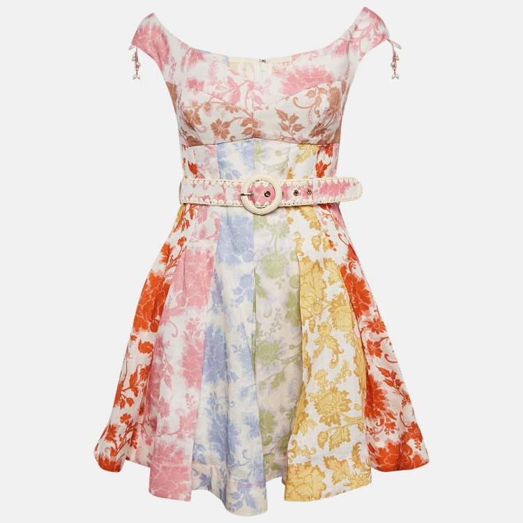 Pre Owned Zimmermann Multicolor Floral Print Linen Postcard Spliced Mini Dress M