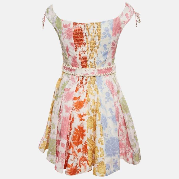 Pre Owned Zimmermann Multicolor Floral Print Linen Postcard Spliced Mini Dress M
