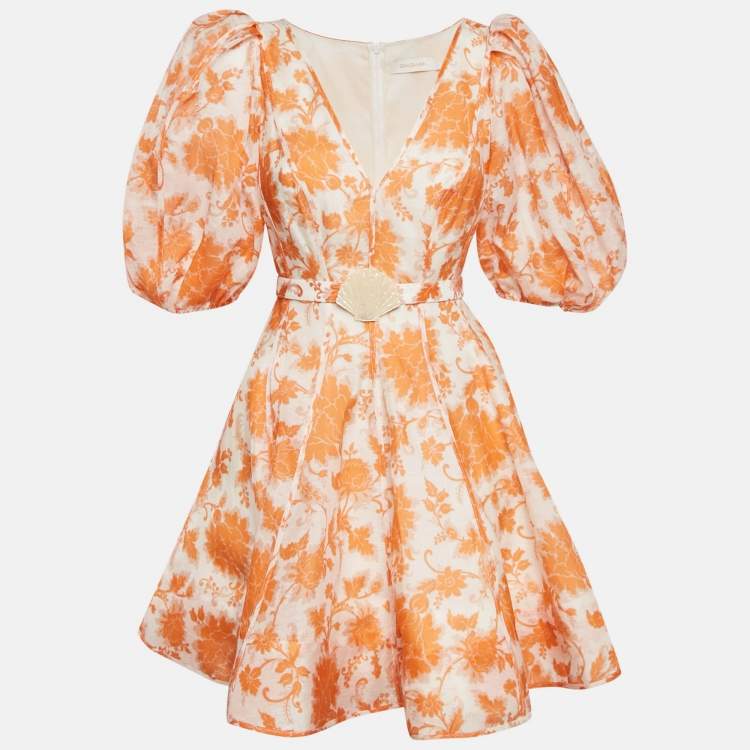 Pre Owned Zimmermann Orange Floral Print Linen Blend Puff Sleeve Postcard Mini Dress M