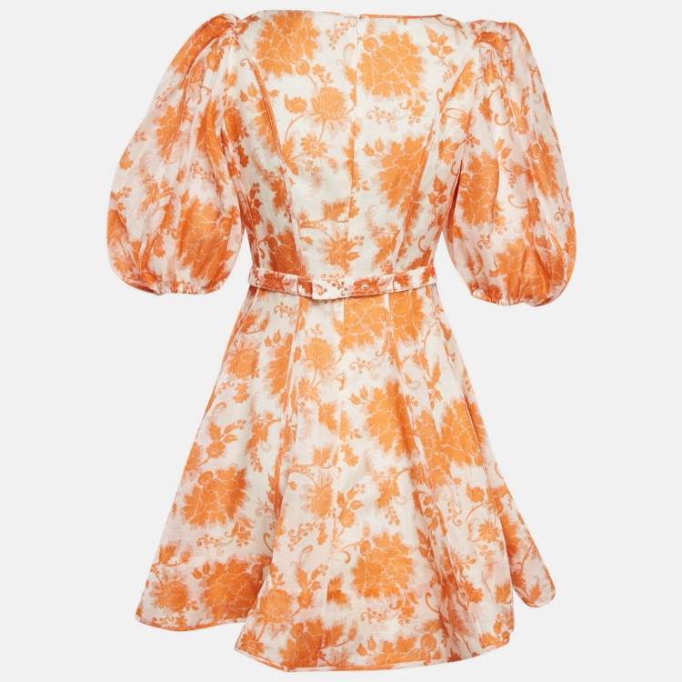 Pre Owned Zimmermann Orange Floral Print Linen Blend Puff Sleeve Postcard Mini Dress M