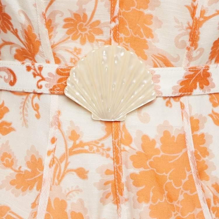 Pre Owned Zimmermann Orange Floral Print Linen Blend Puff Sleeve Postcard Mini Dress M
