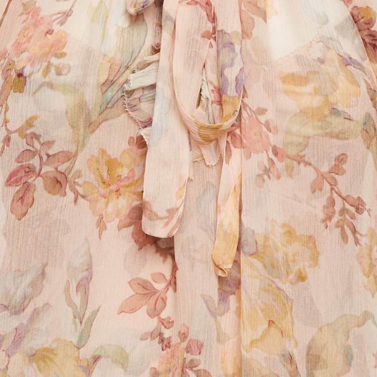 مملوكة مسبقًا Zimmermann Beige Floral Print Silk Neck-Tie Espionage Blouse S