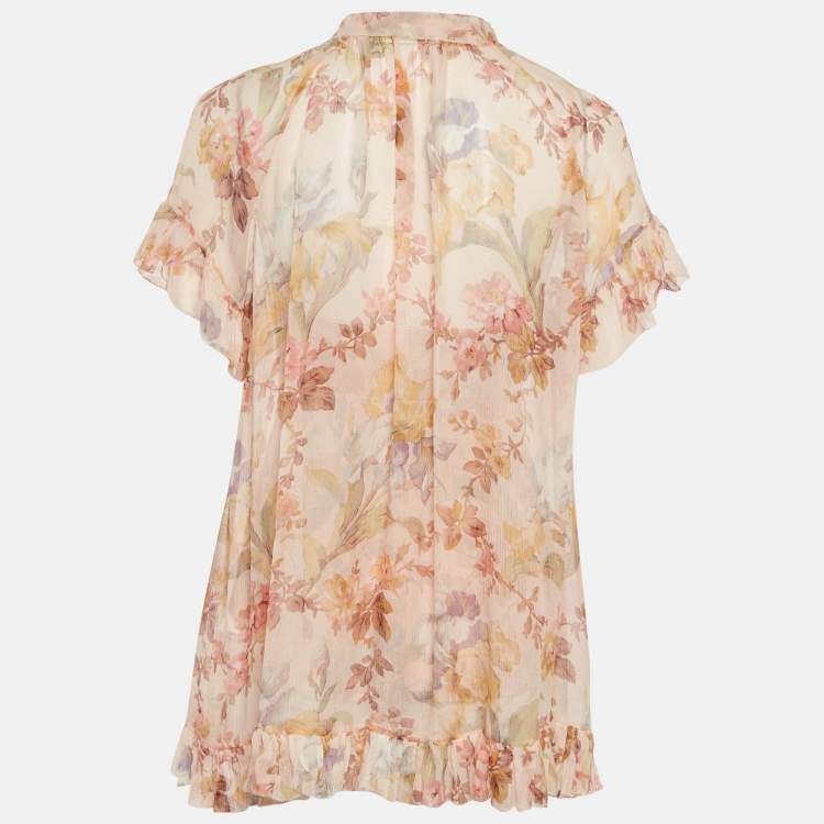 مملوكة مسبقًا Zimmermann Beige Floral Print Silk Neck-Tie Espionage Blouse S