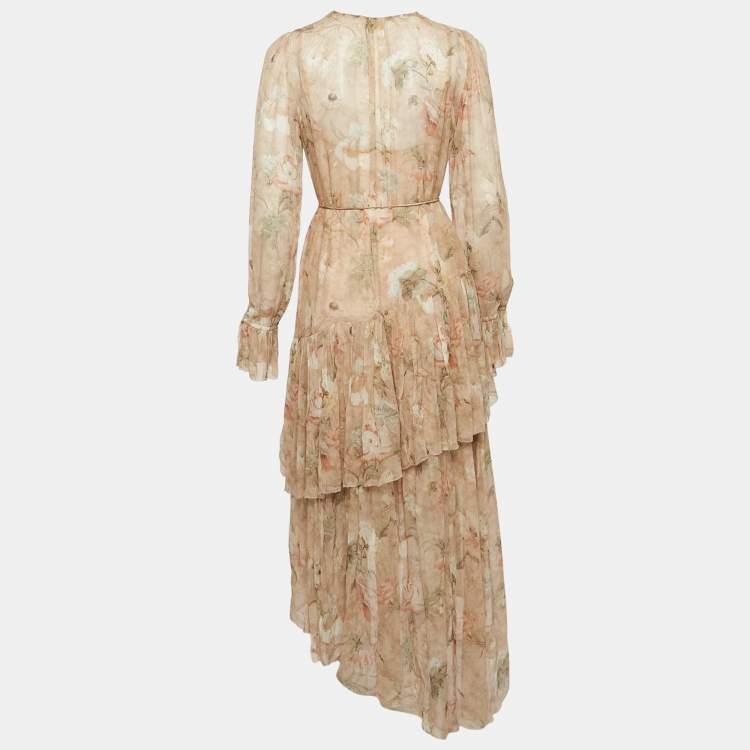 مملوكة مسبقًا Zimmermann Beige Floral Print Georgette Silk Tiered Asymmetric Midi Dress M