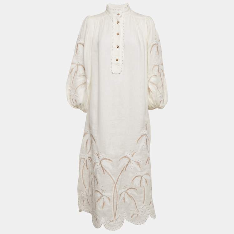 Pre Owned Zimmermann Off-White Embroidered Linen Puff Sleeve Midi Dress S
